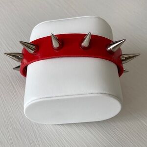 Red Spiked Edgy Leather Rebel Rocker Concert Festival Bracelet Louboutin Style
